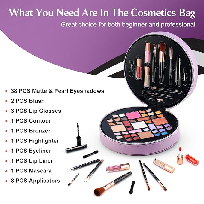 Color Nymph All In One Makeup Kit For Teens With Portable Cosmetics Bag, Multiple Makeups For Begginers As New Year,Birthday Gift Included 38-Colors Eyeshadows Lipglosses Brushes (Purple)-Velvo Beauty