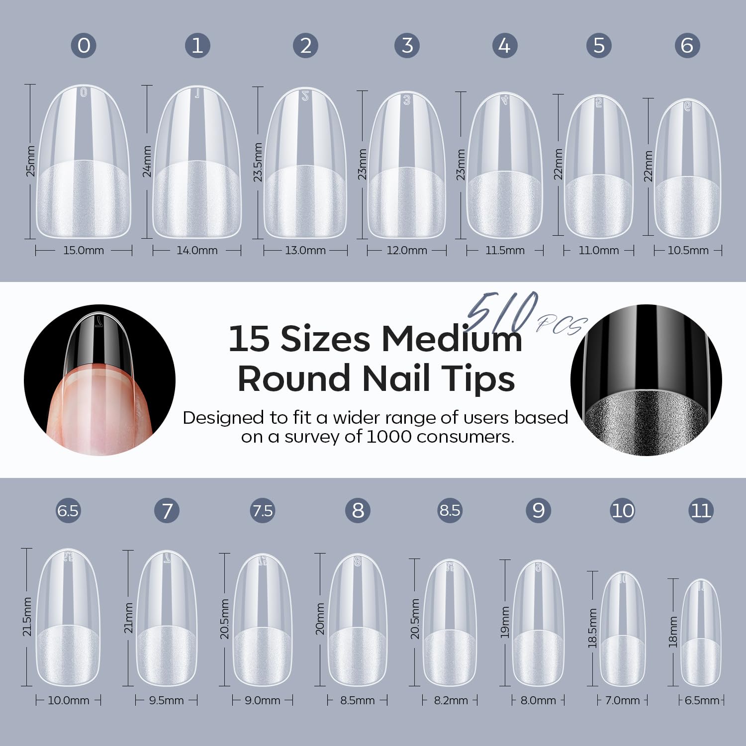 Modelones Medium Round Oval Fake Nail Tips - 510Pcs Gel Tips Pre-shaped Half Matte Full Cover Clear Acrylic Gel Kit False Press on Nails for Extension DIY Salon 15Sizes-Velvo Beauty