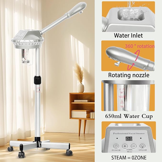 Facial Steamer Professional,Face Steamer for Estheticians with Hot Mist & Timer Function,Height Adjustable Vaporizador Facial Steamr on Wheels-Velvo Beauty