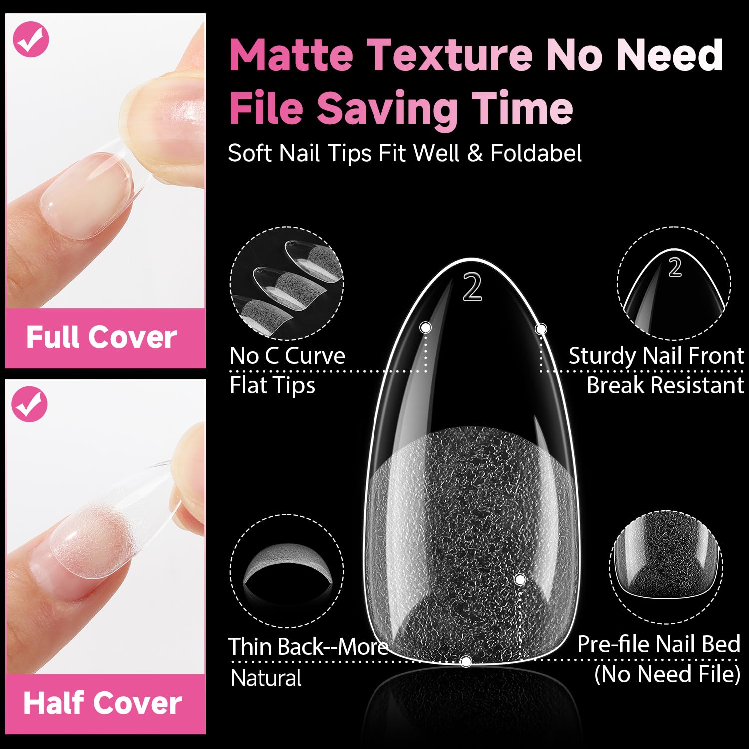 UNA GELLA 504Pcs Medium Pointed Almond Nail Tips, Pre-shape Almond Gel Nail Tips Half Matte Full Cover Acrylic Clear Press on Fake Nails Tips for Nail Extension Nail Art DIY Salon 12 Sizes-Velvo Beauty