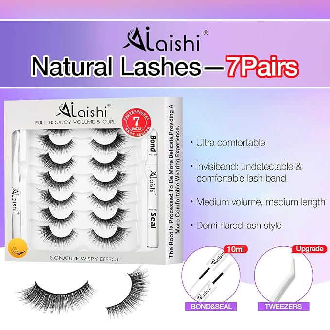 Wispy False Eyelashes Kit With Bond, Seal and Tweezer, 7 Pairs Natural Look Fake Cat Eye Lashes Strips Thin Band Extensions Waterproof Easy Eyelashes for Beginners RQ10-Velvo Beauty