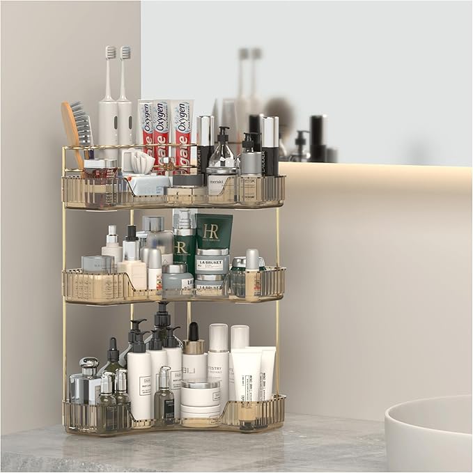 Corner Bathroom Counter Organizer with Top Toothbrush Holders, 3-Tier Make Up Organizers for Vanity with Brush Holder, Corner Storage for Bathroom, Kitchen, Dresser-Velvo Beauty