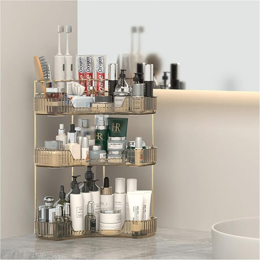 Corner Bathroom Counter Organizer with Top Toothbrush Holders, 3-Tier Make Up Organizers for Vanity with Brush Holder, Corner Storage for Bathroom, Kitchen, Dresser-Velvo Beauty