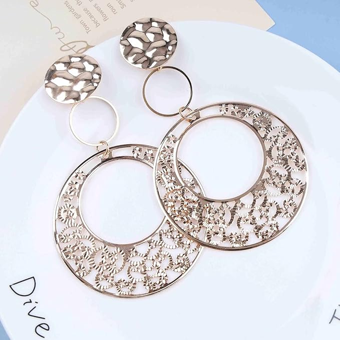 Boho Large Filigree Disc Dangle Earrings Stud Vintage Tribal Ethnic Hollow Carved Earrings Gold Geometric Floral Hoop Drop Earrings Statement Wedding Prom Earrings Jewelry for Women Girls-Velvo Beauty