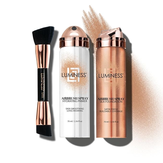 LUMINESS Airbrush Spray Silk Foundation Starter Kit - Warm Deep - Foundation, Primer & Dual-Sided Angled Buffing Brush - Medium, Buildable Coverage, Anti-Aging Formula Hydrates & Moisturizes-Velvo Beauty