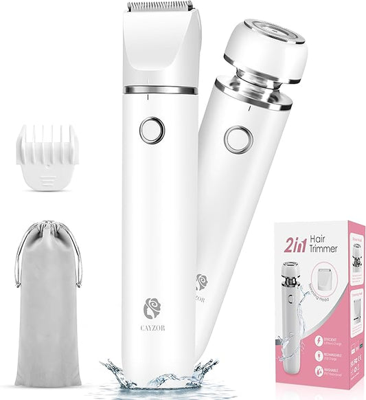 Bikini Trimmer and Shaver Kit for Women - 2-in-1 Wet/Dry Electric Body Hair Trimmer Facial Hair Removal Cordless Waterproof Bikini Shaver Razor for Face Lip Chin Pubic Underarm Legs (White)-Velvo Beauty