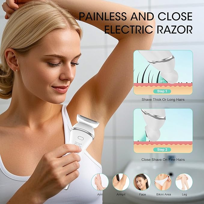 Epilators Hair Removal for Women-2 in 1 Eletctric Razors for Women,Dual Head Bikini Trimmer for Pubic Hair/Lady Facial Razor,Cordless Epilator Body Shaver for Smooth Wet/Dry Shaving,Led Light-Velvo Beauty