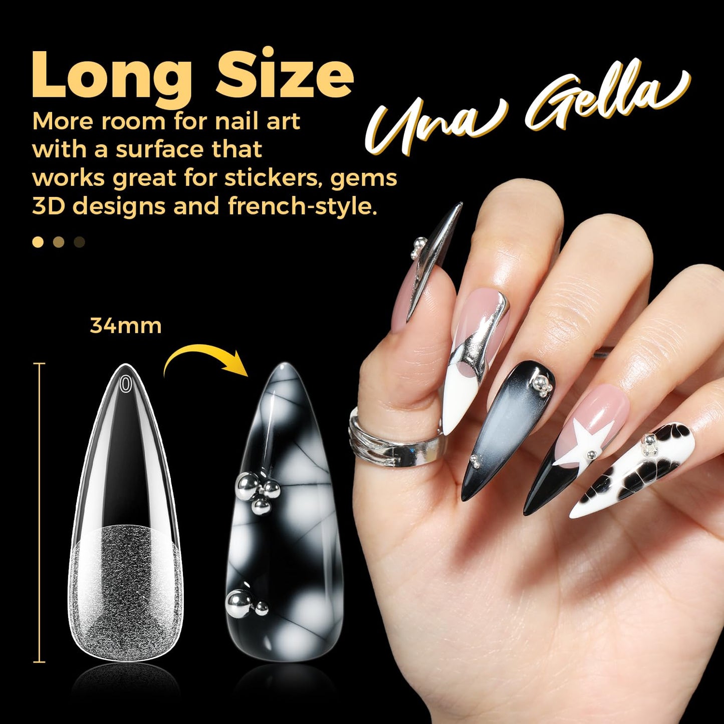 UNA GELLA Halloween Long Stiletto Gel Nail Tips, 600Pcs Pre Etched Long Stiletto Almond Nail Tips Clear Fake Nails Press on Nails No C Curve for DIY Art Salon at Home 12 Sizes-Velvo Beauty