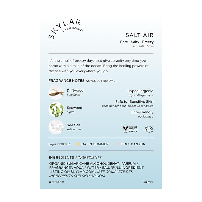 Skylar Salt Air Eau de Parfum - Hypoallergenic & Clean Perfume for Women & Men, Vegan & Safe for Sensitive Skin - Fresh Perfume with Notes of Driftwood, Sea Salt & Seaweed - 50mL /1.7 Fl oz-Velvo Beauty