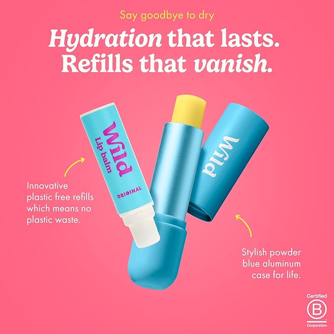 Wild Refillable Lip Balm Starter Kit - Includes Blue Aluminum Case & 3 Pack Lip Balm Refills in a Variety of Scents - Includes Coconut & Vanilla, Passionfruit Swirl & Watermelon Flavors-Velvo Beauty