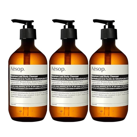 Aesop Geranium Leaf Body Cleanser | Non-drying Gentle Cleanser | Geranium Leaf, Mandarin Rind, Bergamot Rind | 16.9 oz / 500mL (Pack of 3)-Velvo Beauty