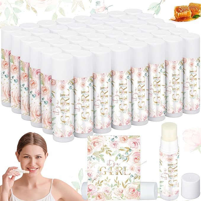 50 Pack Floral Baby Shower Lip Balm Party Supplies Bulk for Girls Guests It's a Girl Baby Shower Gifts Gender Reveal Favors Prizes Souvenirs Winners Thank You Appreciation Gifts-Velvo Beauty