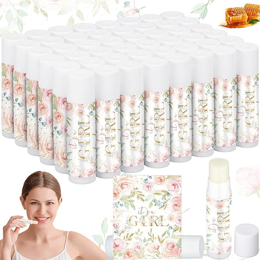 50 Pack Floral Baby Shower Lip Balm Party Supplies Bulk for Girls Guests It's a Girl Baby Shower Gifts Gender Reveal Favors Prizes Souvenirs Winners Thank You Appreciation Gifts-Velvo Beauty
