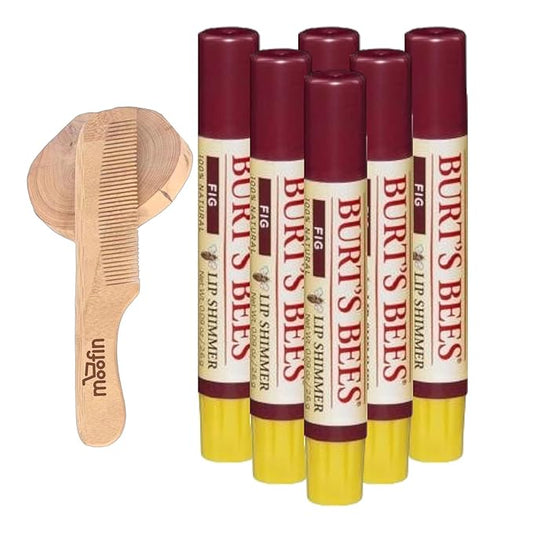 Burt's Bees Lip Shimmer Fig Shade,- Nourishing Natural Shimmer Lip With Moofin Wooden Comb, Make Up Lip Shimmer With Shea Butter Fruit Oils, Moisturizing Refreshing Pack Of 6-Velvo Beauty