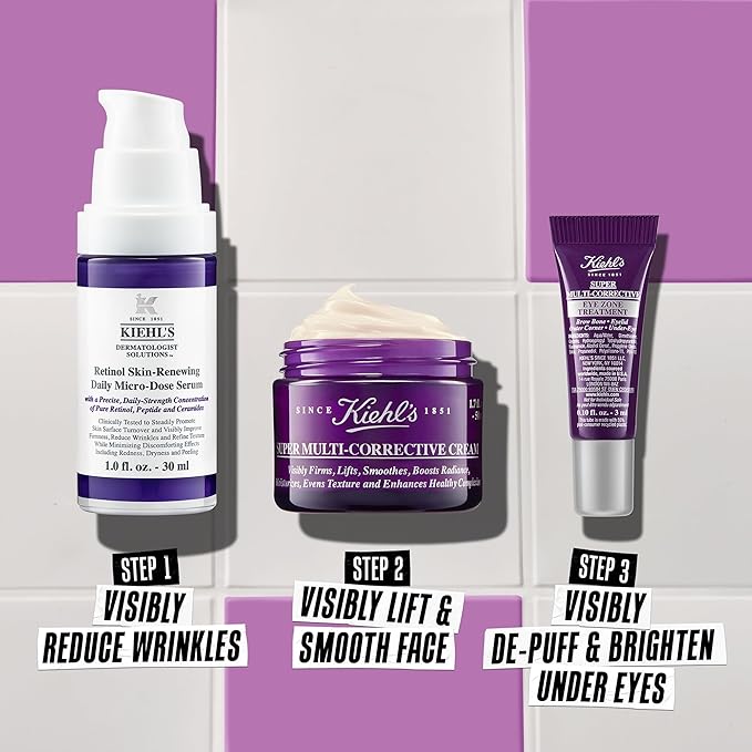 Kiehl's Seriously Correcting Skin Smoothers Skincare Gift Set – 3 Piece Skincare Routine Set with Wrinkle Reducing Face Moisturizer, Retinol Facial Serum & Anti-Aging Eye Cream-Velvo Beauty