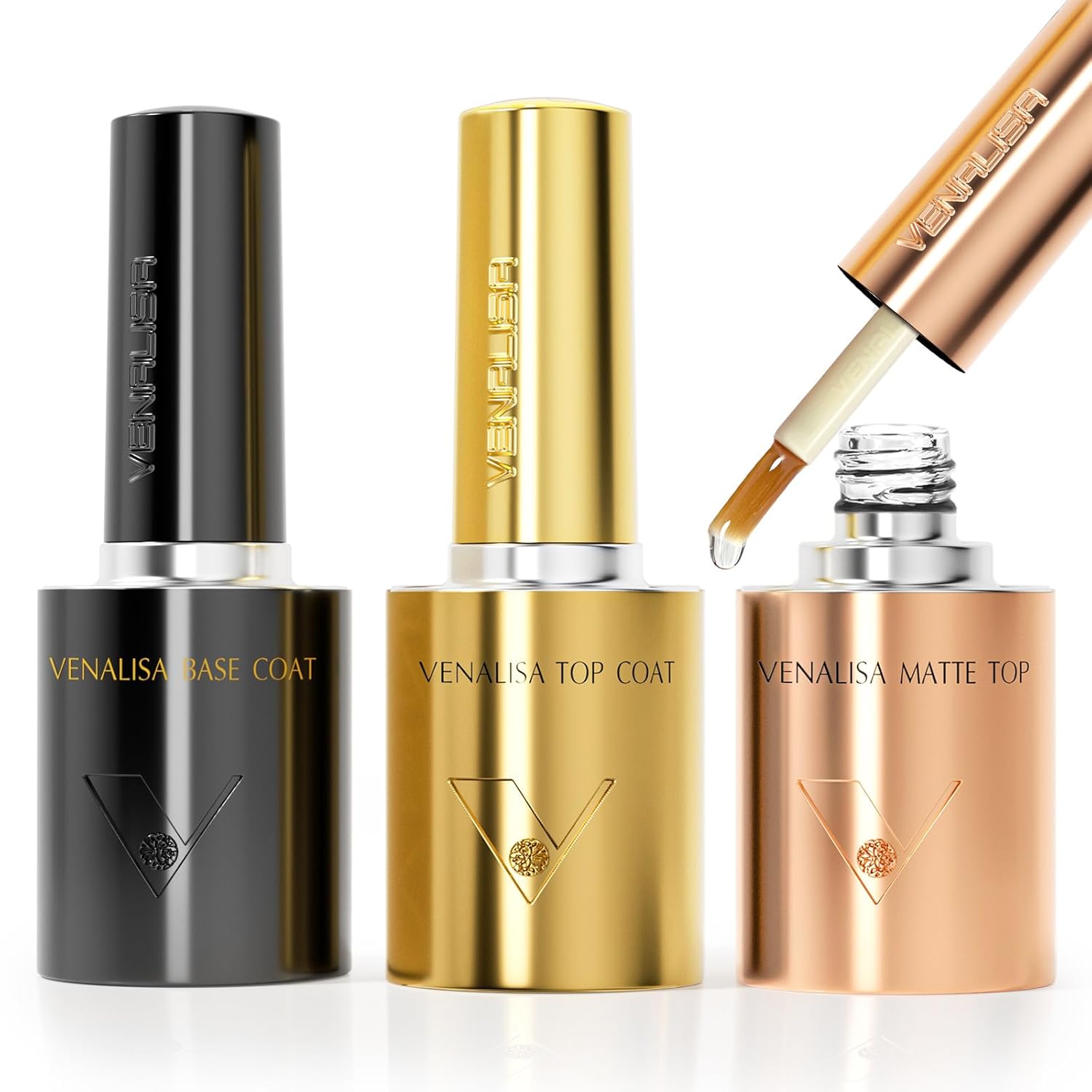 VENALISA 3 Pcs No Wipe Glossy and Matte Gel Top Coat and Base Coat Set for Gel Nail Polish- High Gloss Base Matte & Shiny Top Coat Kit, Soak Off Nail Art Home and Professional Manicure-Velvo Beauty