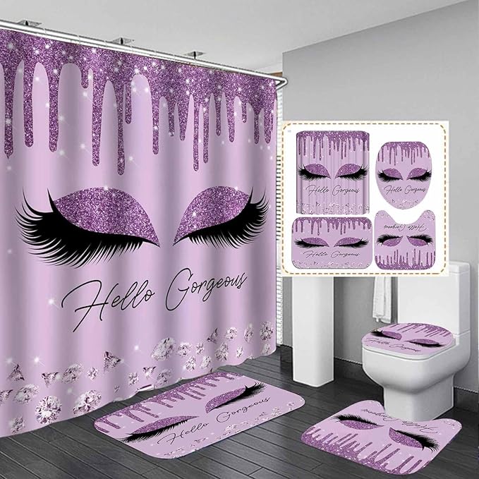 4PCS Purple Glitter Hello Gorgeous Shower Curtain Set, Glam Bling Diamond Rhinestones Gem Makeup Unicorn Eyelash Bathroom Decor, Waterproof Fabric Shower Curtain, Non-Slip Bath Mat Toilet Rug-Velvo Beauty