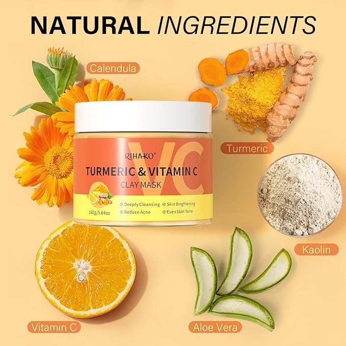 Turmeric Vitamin C Clay Mask -Turmeric Facial Mask - Brightening Clay Face Mask Skincare, Deep Cleansing Face Mask, Acne Face Mask for for Dark Spots, Dull Skin, Refining Pores and Controlling Oil-Velvo Beauty