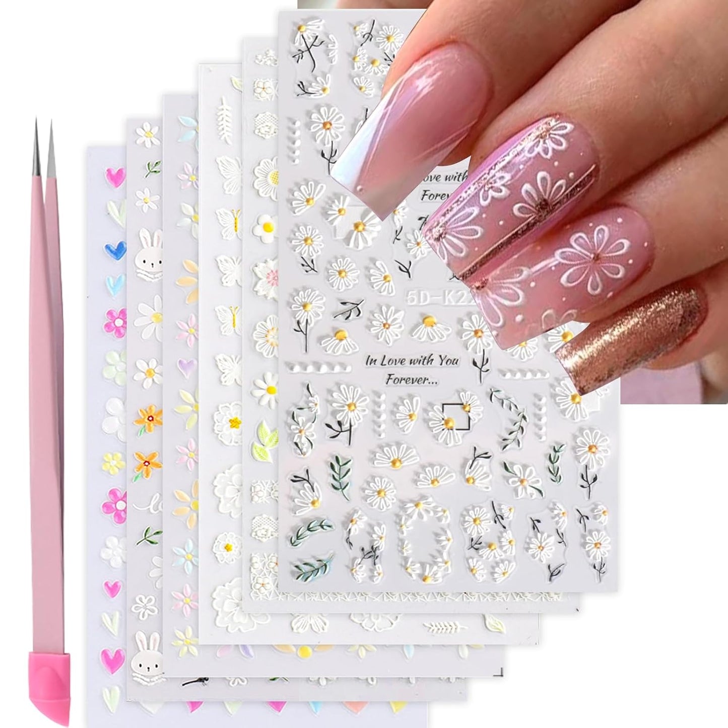 Flower Nail Stickers for Nail Art 6 Sheets 5D Embossed Nails Decals Spring Summer Self-Adhesive Supplies Accessories 3D Flowers Nails Stickers for Women Design Decoration-Velvo Beauty