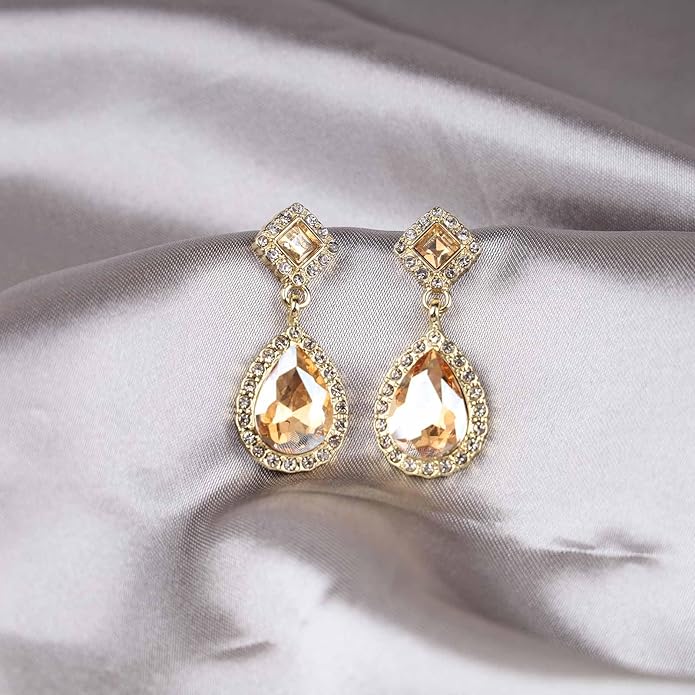 Vintage Crystal Teardrop Earrings Rhinestone Drop Earrings Sparkly Cz Teardrop Dangle Earrings Gold Square Gem Stud Earrings Jewelry for Women-Velvo Beauty