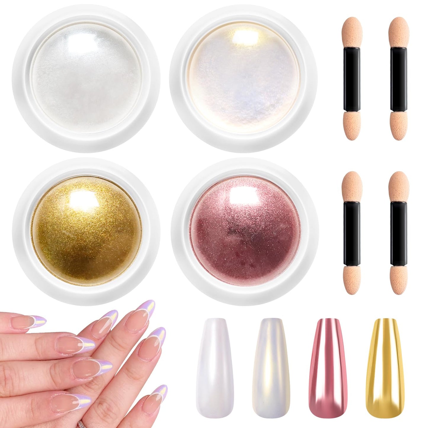 Gold Chrome Nail Powder BISHENGYF -【Magic Mirror Effect】 Pearl Chrome Nail Powder Aurora Mermaid Iridescent White Roas Gold Nail Chrome Powder Pigment Glitter Dust for Manicure Decroation DIY-Velvo Beauty