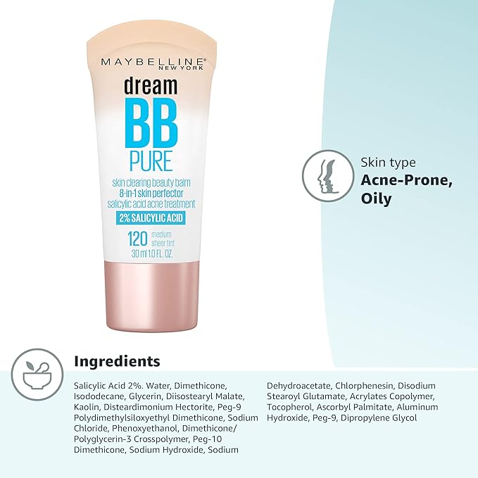Maybelline Dream Pure Skin Clearing BB Cream, 8-in-1 Skin Perfecting Beauty Balm With 2% Salicylic Acid, Sheer Tint Coverage, Oil-Free, Medium, 1 Count-Velvo Beauty