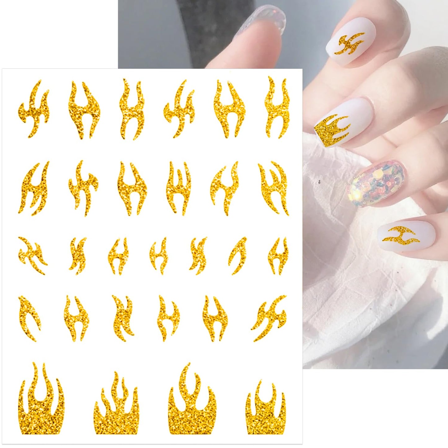 SILPECWEE 8 Sheets Gold Glitter Nail Art Stickers Decals for Women Kids French Nail Stickers French Tip Stripe Flame Flower Butterfly for Nails Design 3D Self-Adhesive Manicure Decoration-Velvo Beauty