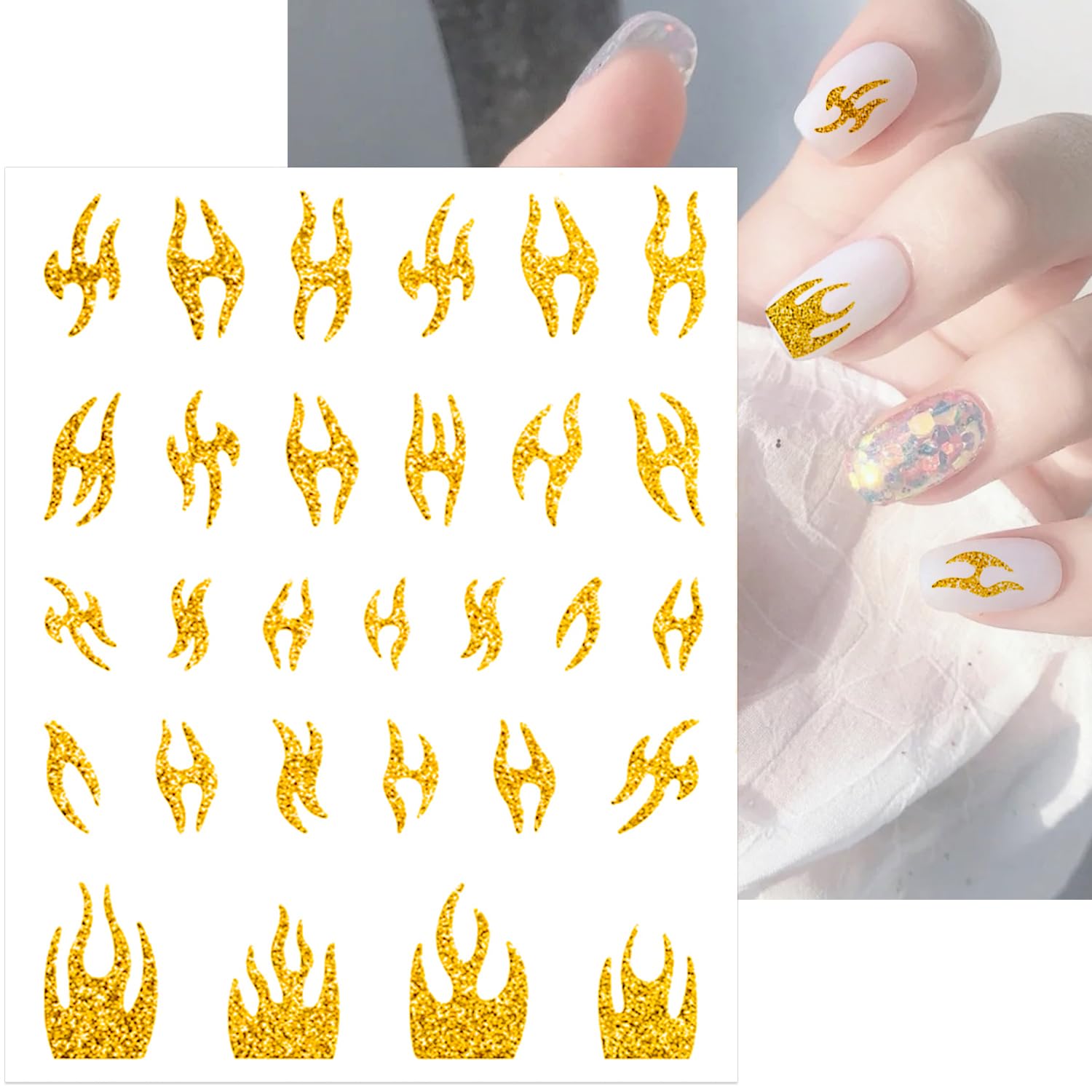 SILPECWEE 8 Sheets Gold Glitter Nail Art Stickers Decals for Women Kids French Nail Stickers French Tip Stripe Flame Flower Butterfly for Nails Design 3D Self-Adhesive Manicure Decoration-Velvo Beauty