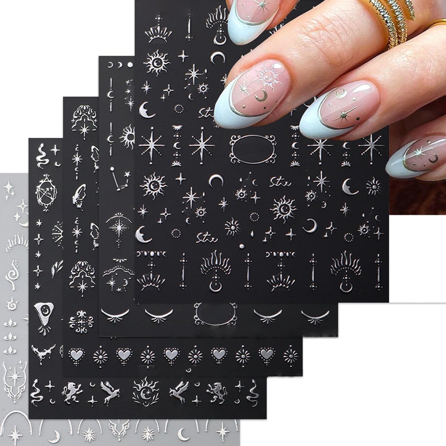 Metallic Silver Nail Art Stickers 3D Self-Adhesive Nails Stickers Bohemian Sun Moon Hexagram Butterfly Heart French Tip Decal Supplies Women DIY Silver Metal Nail Art Decoration 4Sheets-Velvo Beauty