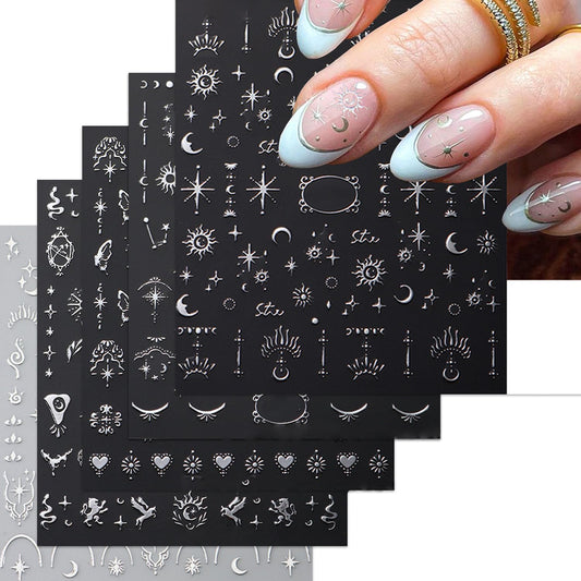 Metallic Silver Nail Art Stickers 3D Self-Adhesive Nails Stickers Bohemian Sun Moon Hexagram Butterfly Heart French Tip Decal Supplies Women DIY Silver Metal Nail Art Decoration 4Sheets-Velvo Beauty