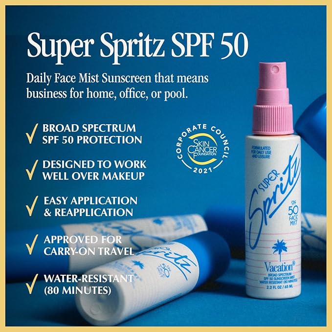 Vacation Super Spritz SPF 50 Face Mist & Air Freshener Bundle, Daily Face Sunscreen Spray, Clean & Lightweight Feel, Water-Resistant, Non-Comedogenic, Vegan, Travel Size, 2.2 Fl. Oz.-Velvo Beauty