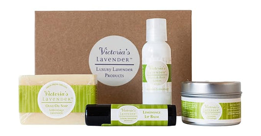 Victoria's Lavender Natural Body Products Gift Set - Handmade Soap, Hand & Body Lotion, Lip Balm, Body Candle Skin Care Sets & Kits, Lavender Bath and Body Products for Women, Lavender Lemongrass-Velvo Beauty