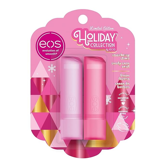 eos Holiday Lip Balm Gift- Strawberry Cheer & Candy Cane Swirl, Stocking Stuffers, All-Day Moisture Lip Care, 0.14 oz, 2-Pack-Velvo Beauty