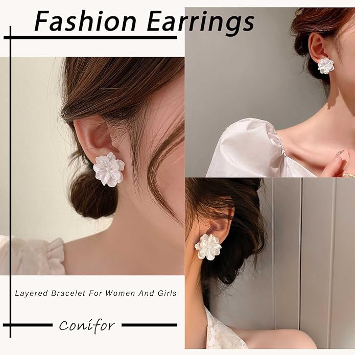 Unique Large White Flower Earrings Studs Vintage Acrylic Floral Petal Earrings Statement French Camellia Flower Earrings Studs Bridal Wedding Prom Earrings Jewelry for Women-Velvo Beauty