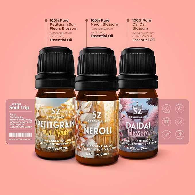 Neroli Soul Trip Essential Oils Collection- Neroli + Petitgrain Sur Fleurs + Dai Dai Blossom -Set of 3 Bottles (0.17 Fl Oz- 5ml each)- 100% Pure & Undiluted - Therapeutic Grade & Vegan-Velvo Beauty
