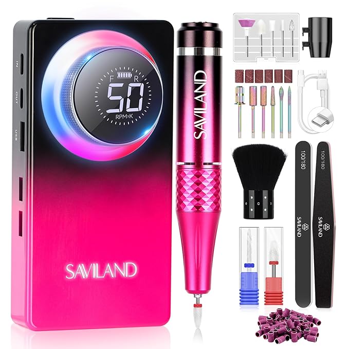 SAVILAND Electric Nail Drill 50000 RPM: Cordless Electric Nail File 10 H Battery Life Rechargeable Nail Drill Kit with Ceramic Drill Bits for Acrylic Nail Removal Ambient Light Black and Pink Ombre-Velvo Beauty