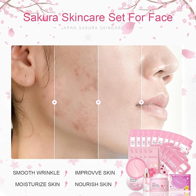 Skincare Set for Teenage Girls, Japan-Sakura Skin Care Products Set, Skin Care Sets & Kits, Cleanser, Toner, Serum, Cream, Sleep Mask,Eye Mask,Mud Mask,Lip Mask Beauty Products Daily Face Care 24PCS-Velvo Beauty