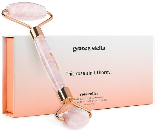 Rose Quartz Face Roller - Face Roller Skin Care - Facial Roller - Stone Roller For Face - Face Massager Roller For Lymphatic Drainage, Puffiness - Quartz Roller For Face by grace and stella-Velvo Beauty