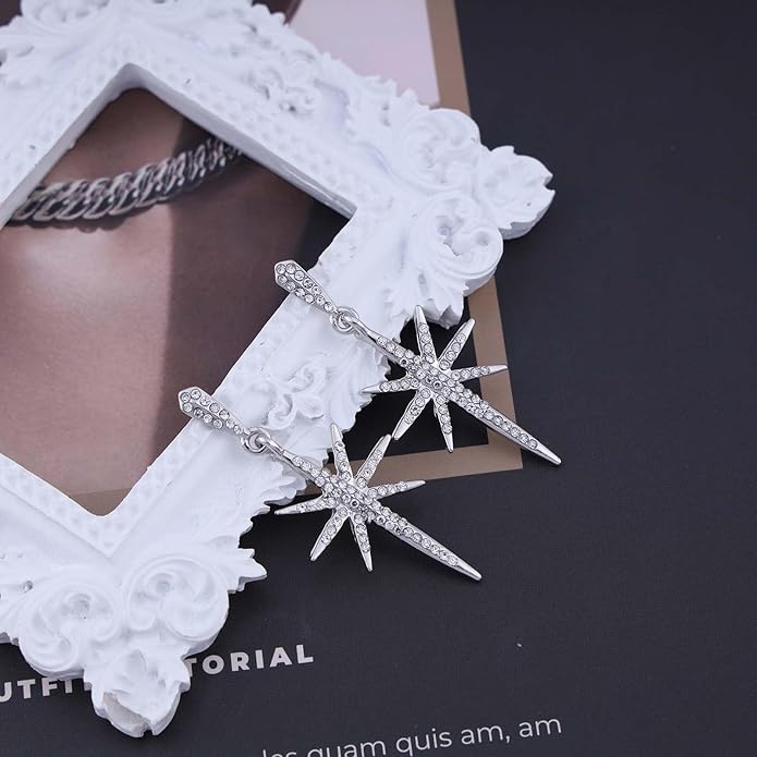 Vintage Crystal Northstar Dangle Earrings Rhinestone Northstar Studs Earrings Gold Cz Star Drop Earrings Sparkly Cz Starburst Earrings Jewelry for Women-Velvo Beauty