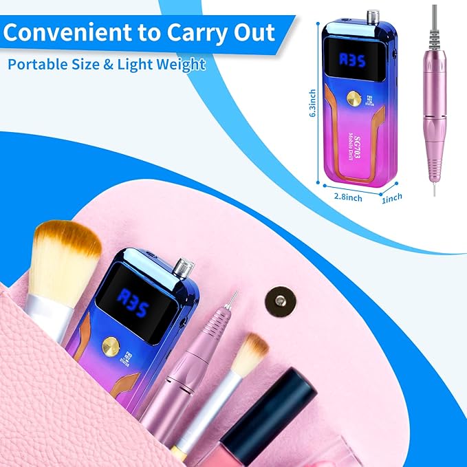 Portable Nail Drill Professional 35000 RPM, MOCOWIND Rechargeable Electric Nail File Machine for Acrylic Nails Gel Polishing Removing, Cordless E-File with Bits for Manicure Salon Home, Blue & Purple-Velvo Beauty