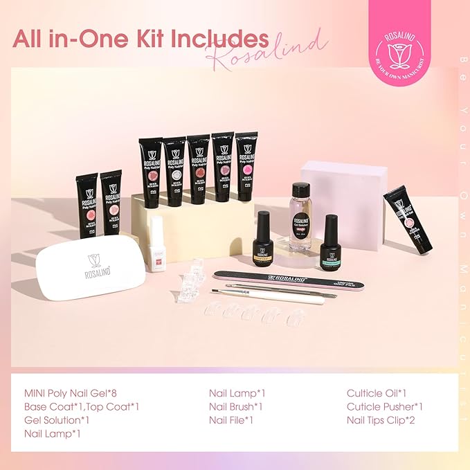 ROSALIND 8PCS Poly Nail Gel Kit with Mini Nail Lamp Clear Nude Purple Brown Poly Extension Gel Kit Mini Starter Kit-Velvo Beauty