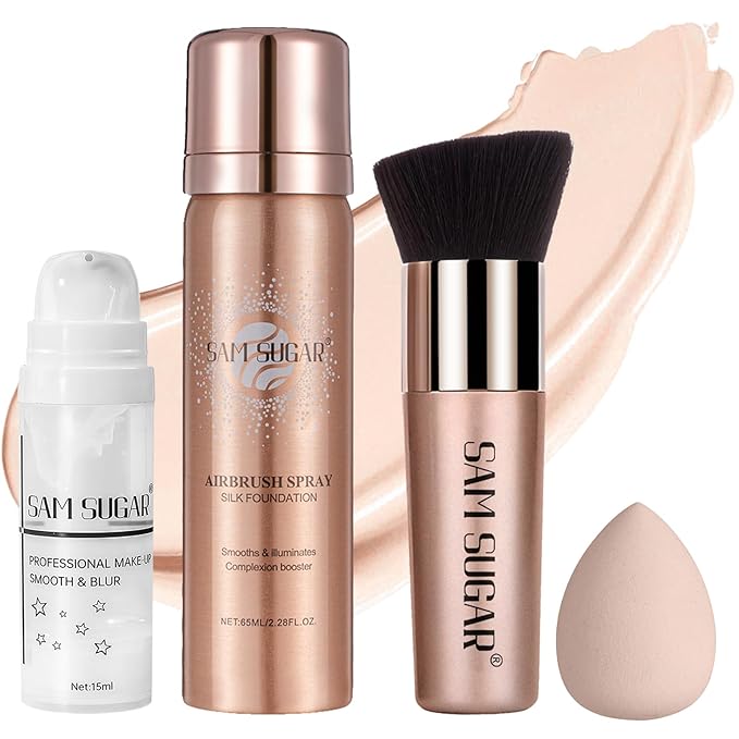 AirBrush Foundation Spray Set, Spray Foundation Makeup and Hydrating Face Primer Kit, Longwear Waterproof Liquid Matte Foundation Mist for Flawless Look, Brush and Sponge Include (#1 Ivory White)-Velvo Beauty