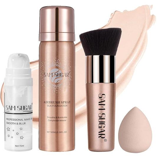 AirBrush Foundation Spray Set, Spray Foundation Makeup and Hydrating Face Primer Kit, Longwear Waterproof Liquid Matte Foundation Mist for Flawless Look, Brush and Sponge Include (#1 Ivory White)-Velvo Beauty