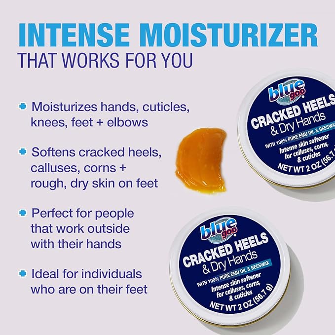 Blue Goo Cracked Heels & Dry Hands Intense Skin Softener - for Calluses, Corns & Elbow Dryness Relief, Fast- Penetrating Hydrating Moisturizer, Made w/ 100% Pure Emu Oil & Beeswax, 2 oz (2 Pack)-Velvo Beauty