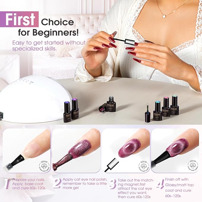 ROSALIND 8PCS Cat Eye Gel Polish with Magnet Stick - Magnetic Cat eye Gel Nail Polish Sparkle Diamond Effect Magic Magnetic Glitter Soak Off Led Nail Art DIY Salon Gifts For Women-Velvo Beauty