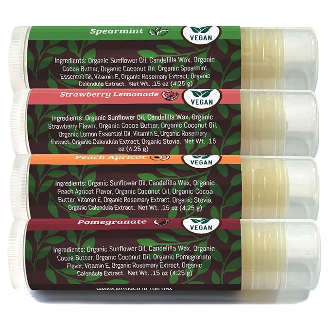 Vegan Lip Balm by Earth’s Daughter, Beeswax Free Lip Balm, Natural, Organic Flavors - 4 Pack of Assorted Flavors, Plant Based Vegan Chapstick, Lip Moisturizer-Velvo Beauty