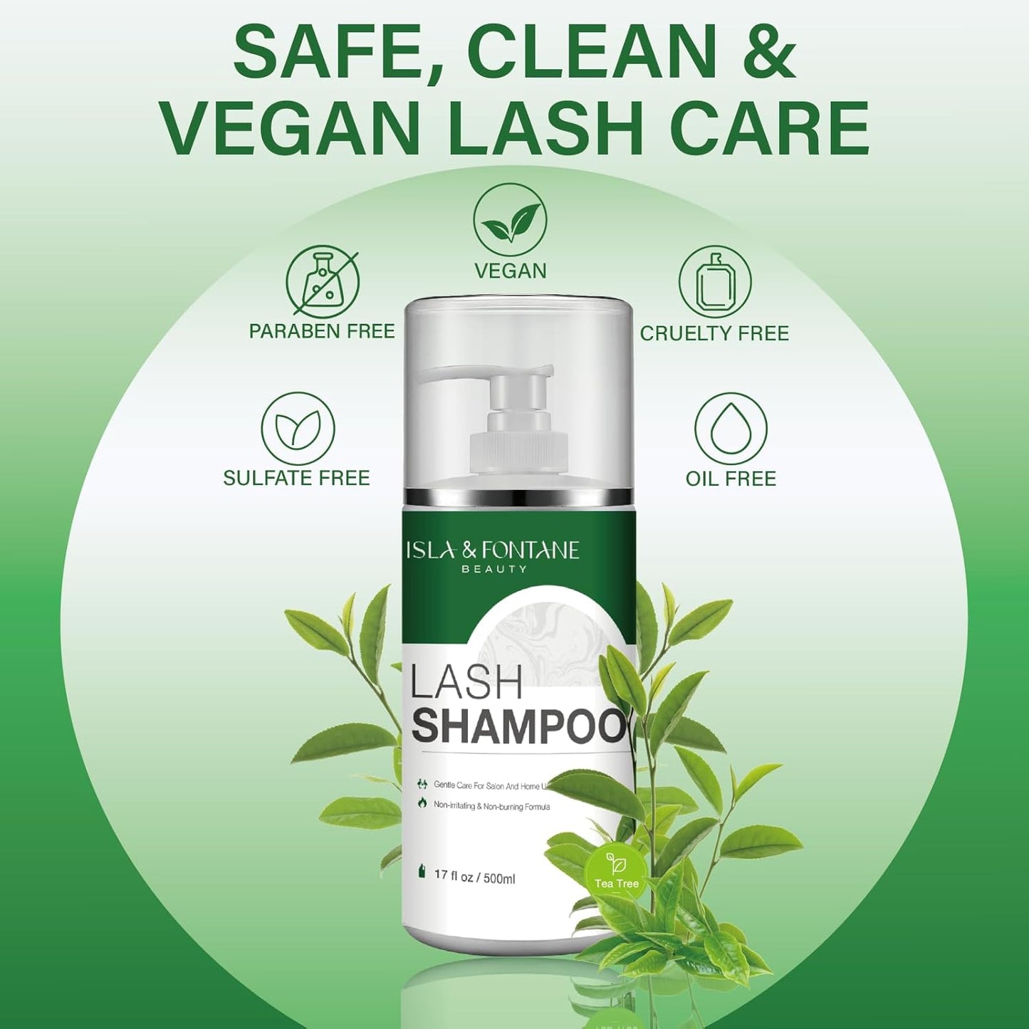 ISLA & FONTANE Lash Shampoo Bulk – Multi-Scent Series – 17 fl oz / 500ml | Gentle Eyelash Cleanser for Lash Extensions | Non-Irritating | Professional Lash Bath Foam For Salon And Home Use (Tea Tree)-Velvo Beauty