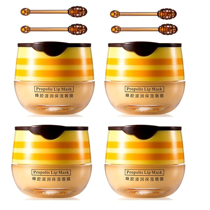 4 PCS Bee Lip Balm Honey Pot,Honey Lip Mask,Honey Propolis Lip Mask Moisturizing Moisture Nourishing Dry & Chapped Lips,Lip Care and Reduces Lip Lines,Lip Exfoliating-Velvo Beauty