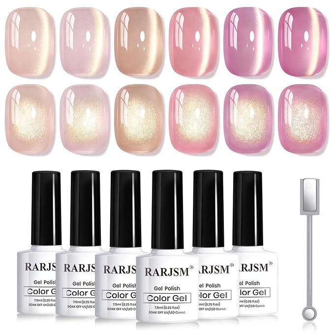 RARJSM Jelly Nude Gold Glitter Cat Eye Gel Nail Polish Set 6Pcs Sheer Pink Light Purple Champagne Mavue Brown Diamond Cateye Gelpolish with Magnetic Stick UV LED Curing Require Home Salon Nail Design-Velvo Beauty