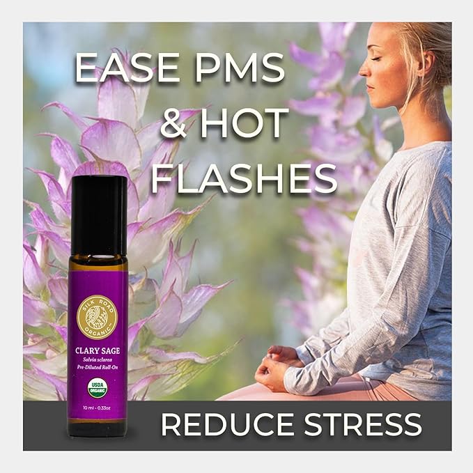 Silk Road Organic Clary Sage Essential Oil Roll On, 100% Pure USDA Certified Aromatherapy for PMS, Stress & Mental Clarity - 10 ml Roller - Always Pure, Always Organic-Velvo Beauty